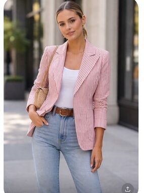 Central Park West Red and White Striped Linen Blazer M